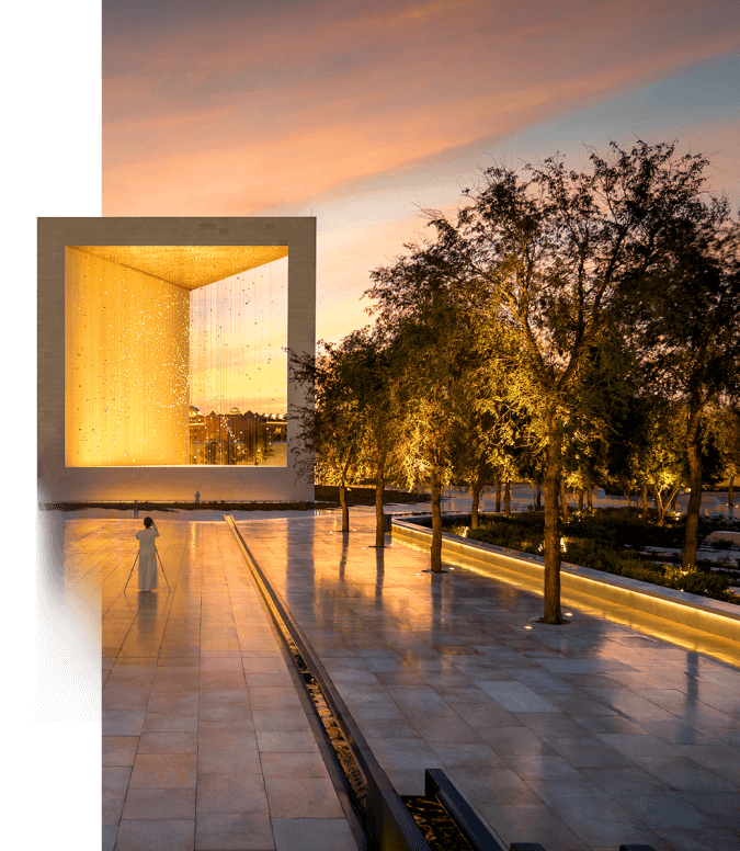 Sun set image with a square frame with trees and floor in orange color 